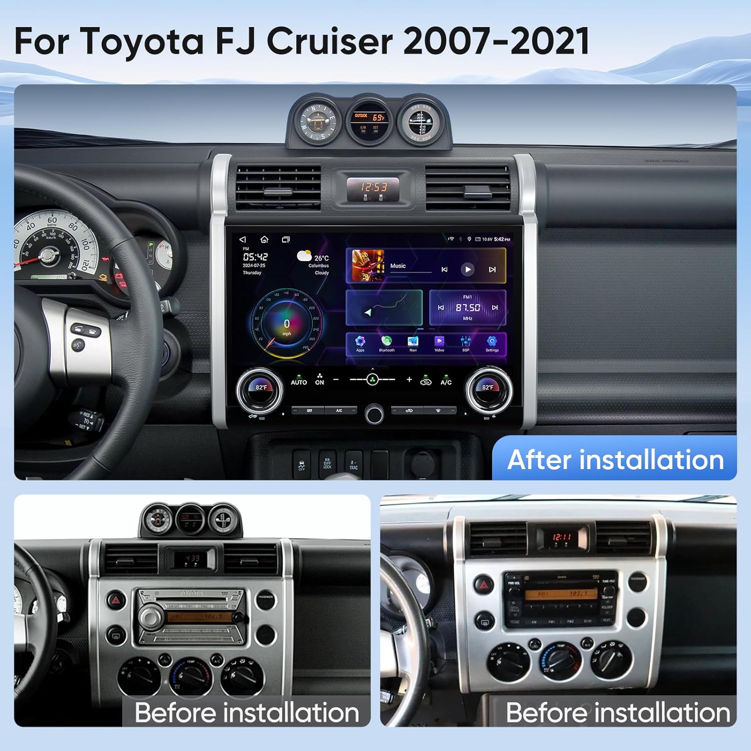 Before and after installation comparison of the car stereo in a Toyota FJ Cruiser dashboard.