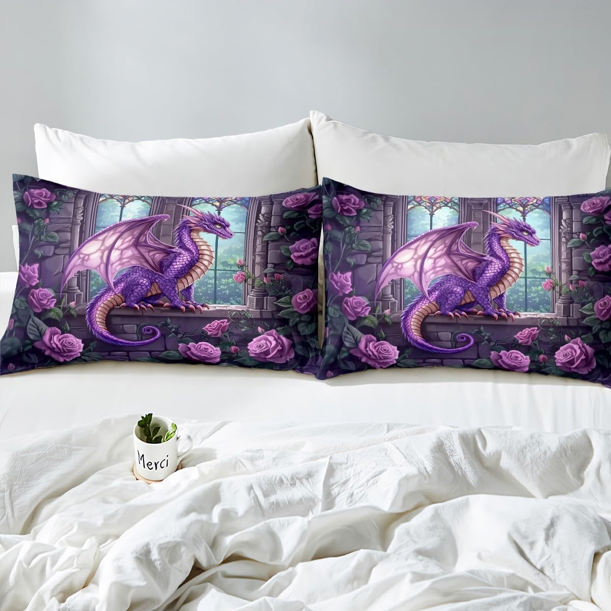 Manfei Magic Dragon Duvet Cover Set King Size, Purple Rose Flower Bedding Set 3pcs, Ancient Animal Comforter Cover, Kids Boy Girl Room Decor, Lightweight Bedspread Cover, 2 Pillowcases, No Comforter