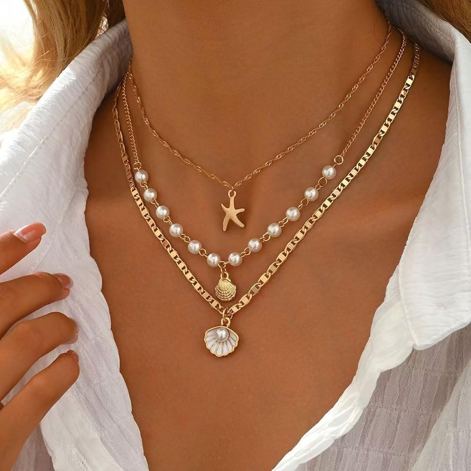 Gold Starfish Shell Necklace for Women Layered Seashell Pearl Fishtail Chain Charm Necklace Boho Starfish Shell Pendant Necklaces Trendy Summer Ocean Beach Jewelry Gift - Image 3