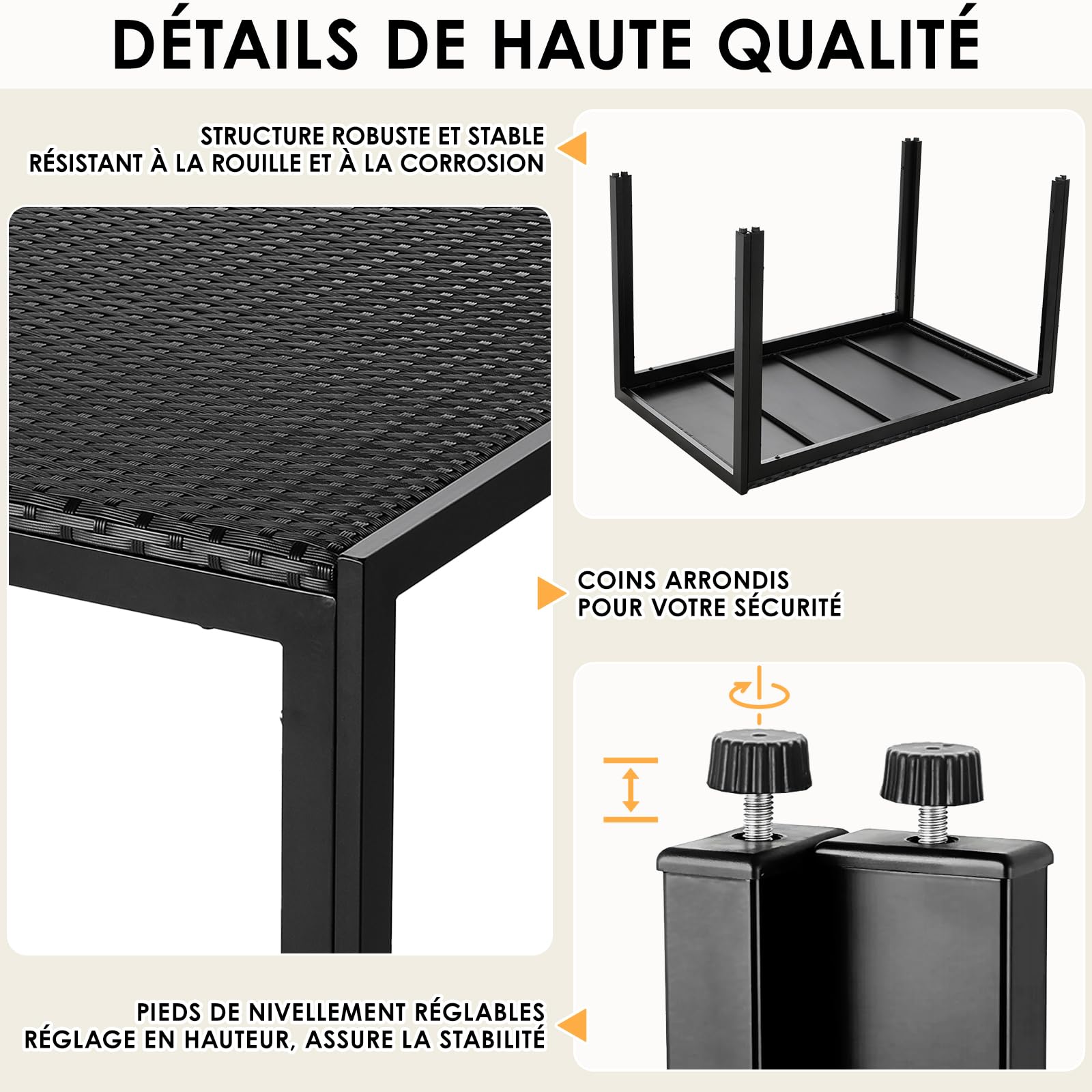 LIFERUN Table de Jardin 6 Personnes Rectangulaire en PE Rattan, 119 x 74 cm | Table en Métal pour Salle et Balcon, Résistante aux Intempéries, Plateau Spacieux, pour Terrasse, Extérieur/Intérieur (Noir)