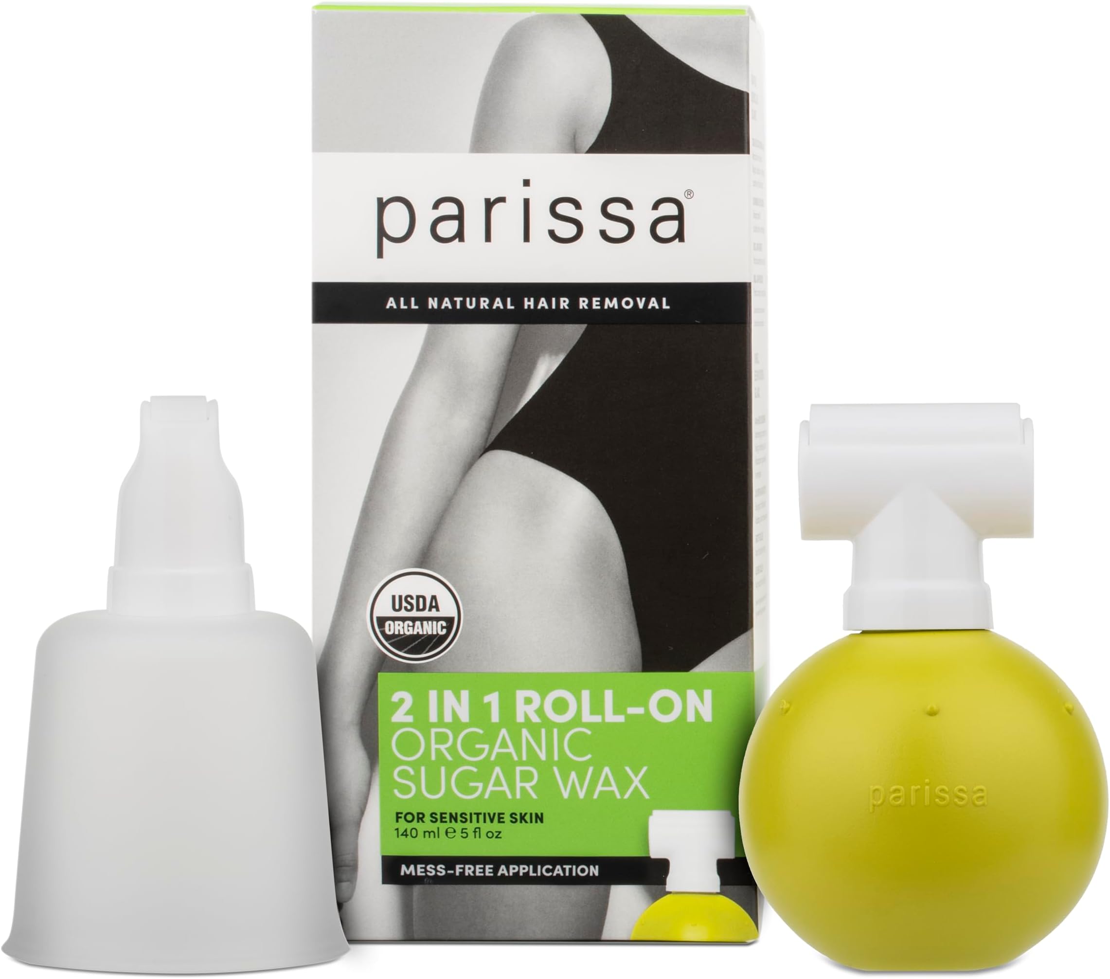 Parissa Organic Roll-On Sugar Wax | USDA Certified, 100% Natural, Gentle & Washable Formula for Sensitive Skin | At-Home Hair Removal Kit | 2 Applicator Heads, 20 Reusable Strips, 140ml (5 Fl Oz)