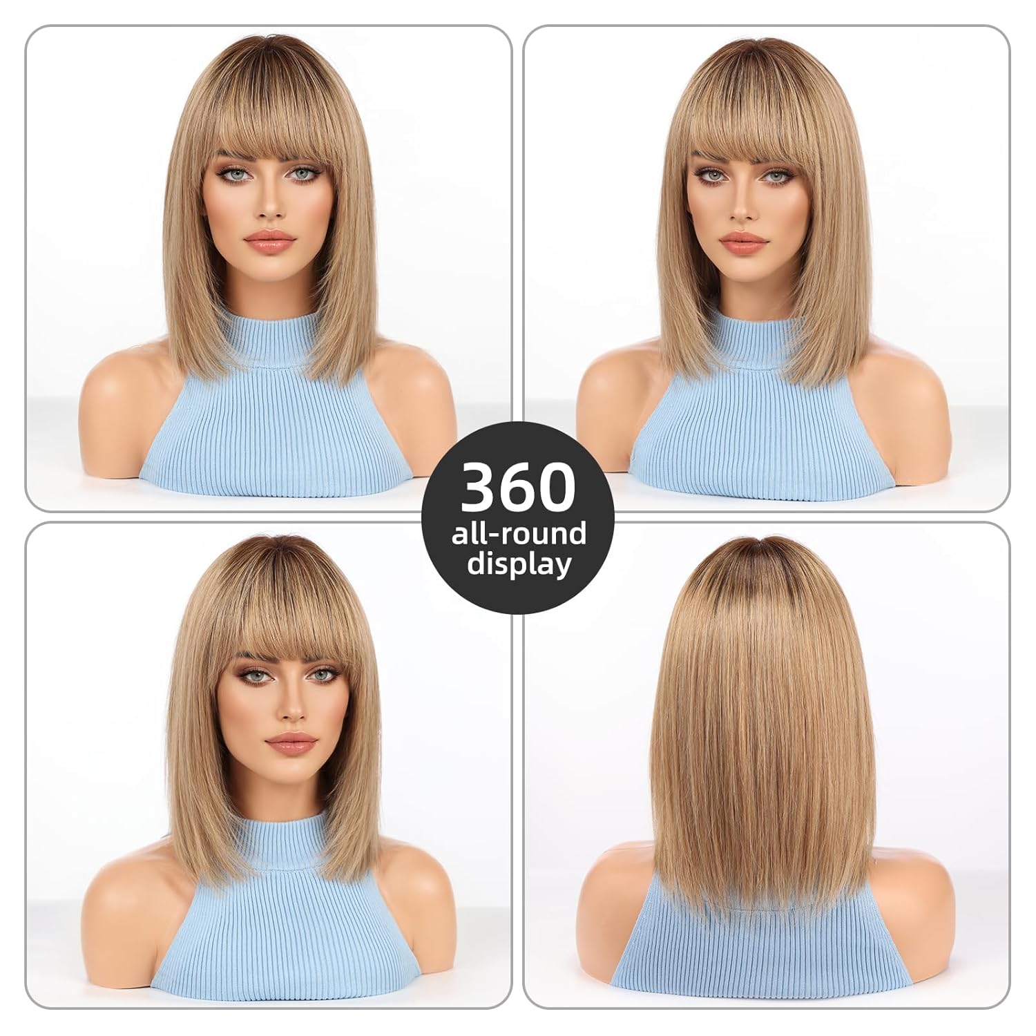 12 Inch Ombre Ash Blonde Human Hair Wig, Bob Wig Human Hair, Human Hair Wig With Bangs, Real Hair Wigs For Women, real human hair wigs