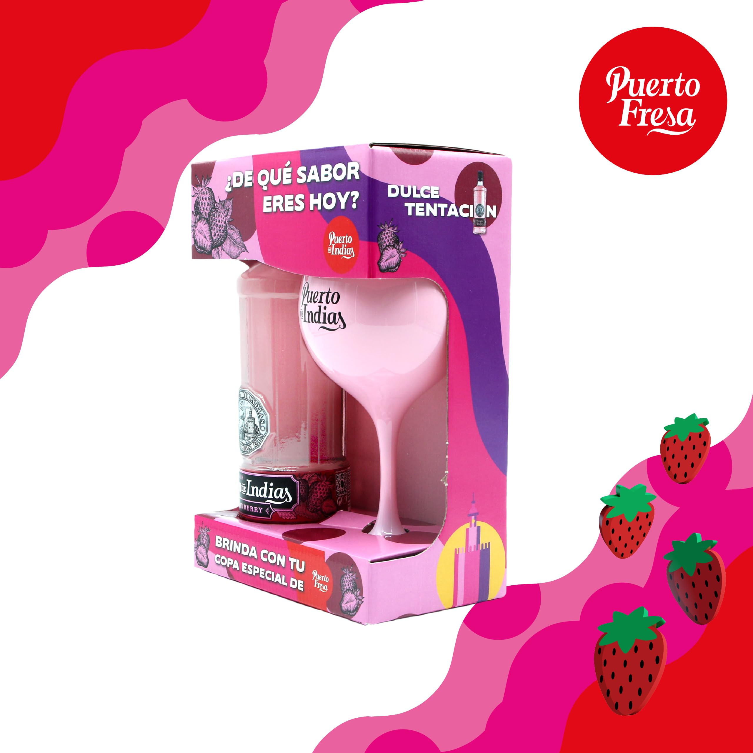 Puerto de Indias Strawberry Premium Gin Pack 70 cl 37.5º z kieliszkiem różowym
