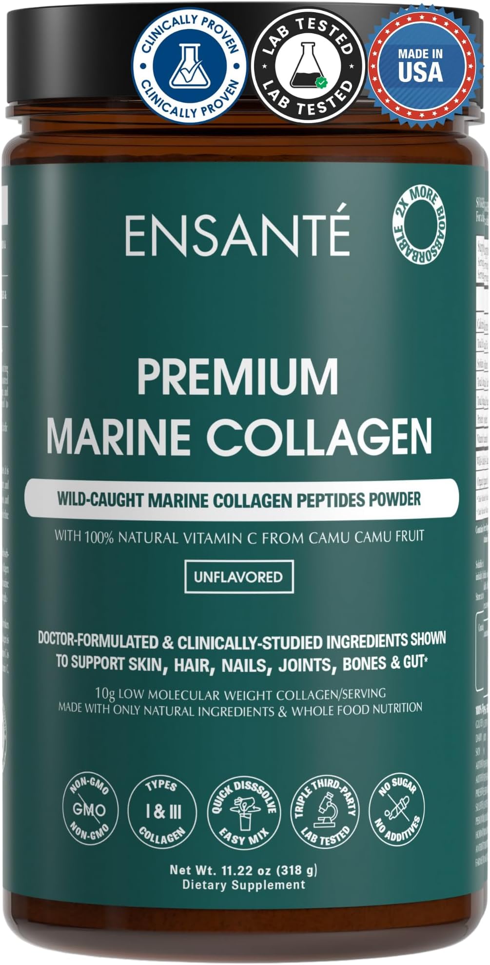 ENSANTE Clinically Backed Premium Marine Collagen Peptides Powder Unflavored, Type I II III IV Collagen for Skin Hair Nail Joint, Wild Sea Fish Collagen with Organic Camu Camu Vitamin C, Lab Tested