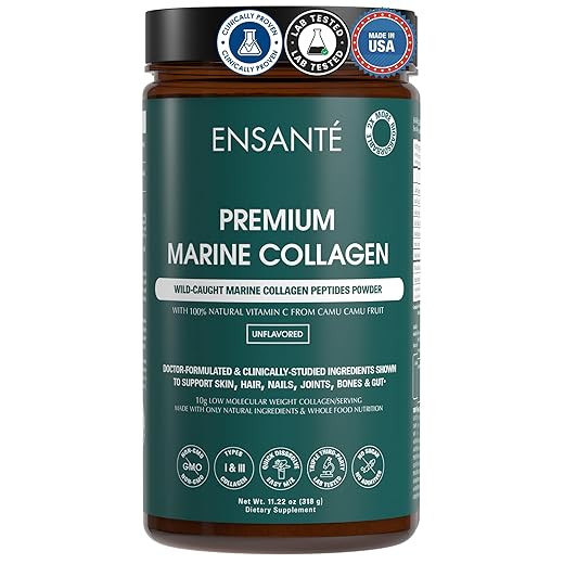 ENSANTE Clinically Backed Premium Marine Collagen Peptides Powder Unflavored, Type I II III IV Collagen for Skin Hair Nail Joint, Wild Sea Fish Collagen with Organic Camu Camu Vitamin C, Lab Tested