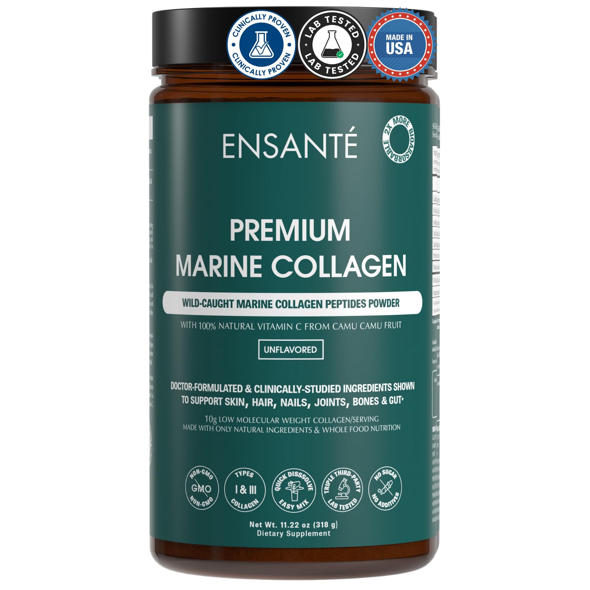 ENSANTE Clinically Backed Premium Marine Collagen Peptides Powder Unflavored, Type I II III IV Collagen for Skin Hair Nail Joint, Wild Sea Fish Collagen with Organic Camu Camu Vitamin C, Lab Tested