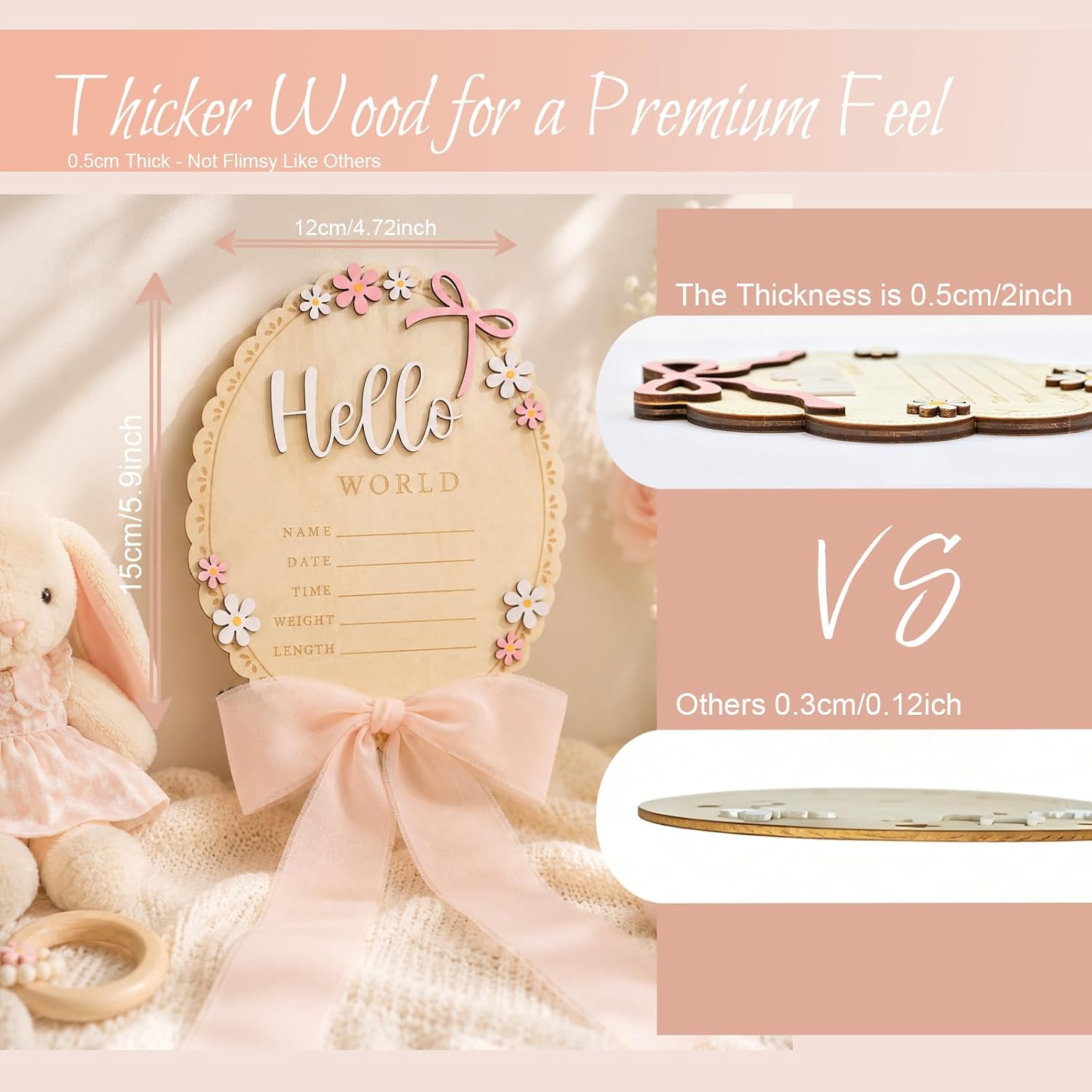 Baby Announcement Hello World Wooden Welcome Baby Sign Hello World Newborn Sign Birth Announcement Sign with Pink Bow&Daisy Welcome Baby Name Sign for Hospital Photo Prop Nursery Decor Keepsake Gift