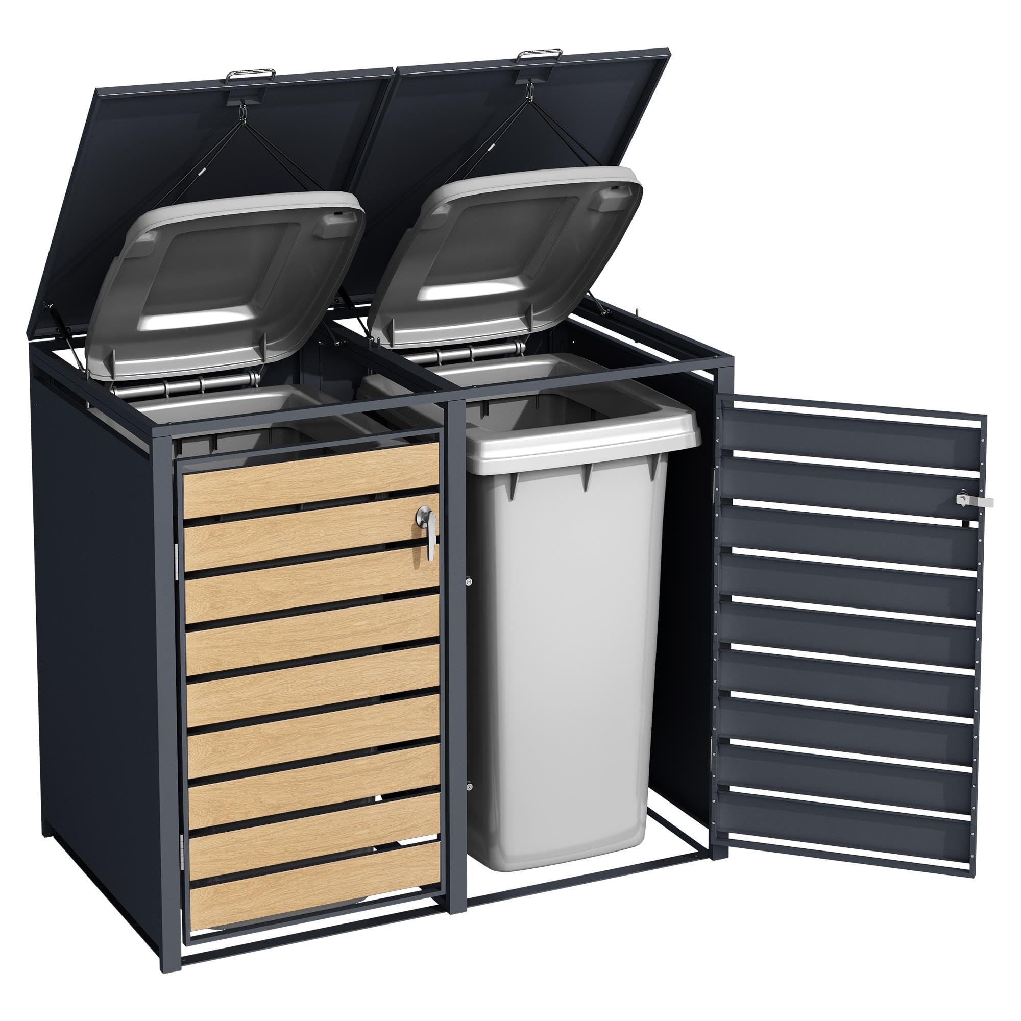 ESTEXO Mülltonnenbox Mülltonnenverkleidung mit Deckel Aufbewahrungsbox Müllbox Anthrazit mit Holzdekor (2 Türen)