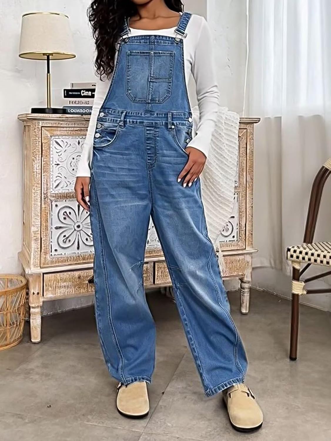 Flamingals Barrel Leg Stitch Detail Button Side Denim Overalls for Women Casual Jumpsuits with Pockets