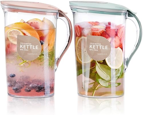 Coloch Paquete de 2 jarras de agua de plástico de 2 cuartos de galón con tapa abatible, recipiente de agua delgado transparente para puerta de