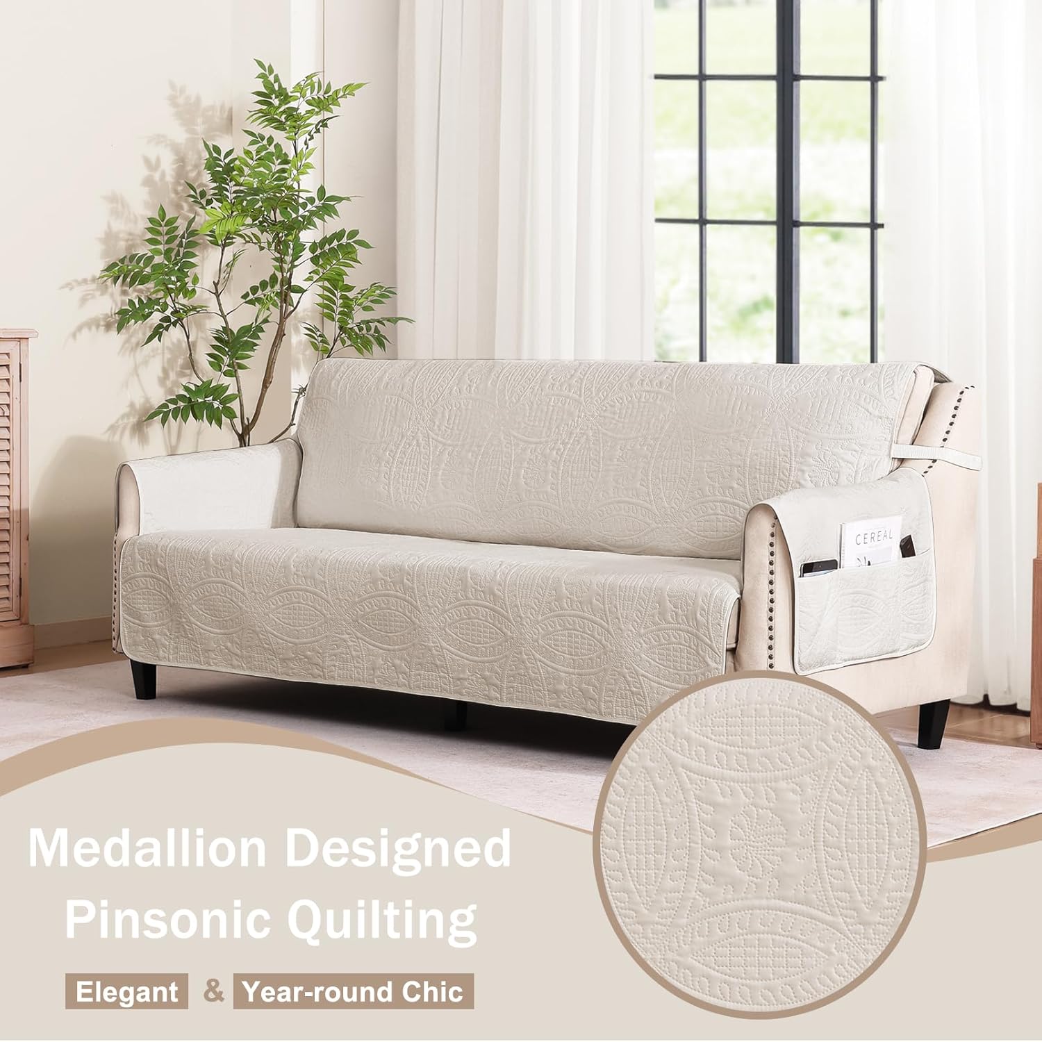 NapCloud Beige Loveseat Covers for 2 Cushion Couch, Water-Repellent Covers for Love Seat Sofa, Machine Washable Quilted Couch Covers, Pet Friendly Sofa Slipcovers (Loveseat 48", Beige)