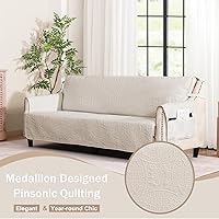 Vista 2 de Quilted Beige Sofa Slipcovers with Pockets, Anti-Slip Medallion Couch Covers for 3 Cushion Sofa, Couch Cover for Dogs Cats Water-Repellent Machine