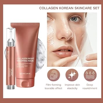 Night Wrapping Mask & Collagen Glow Booster Milk Serum Set, (75g + 10ml) | Collagen Korean Skincare Set, Hydrating Peel Off Overnight Face Mask & Glow Serum Duo,Hydrolysed Collagen Facial Skincare Set
