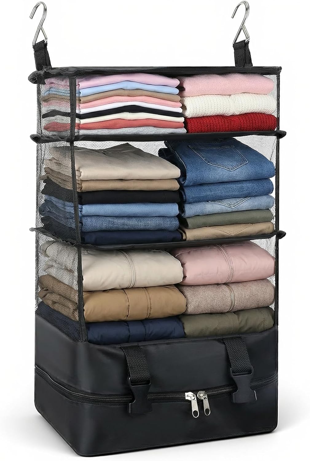 4 Shelve Portable Hanging Travel Shelves, Suitcase Organizer, Carry on Closet Luggage Organizers, Travel Bags Organizer for Luggage Compression Foldable and Hangable for Carry on Suitcase