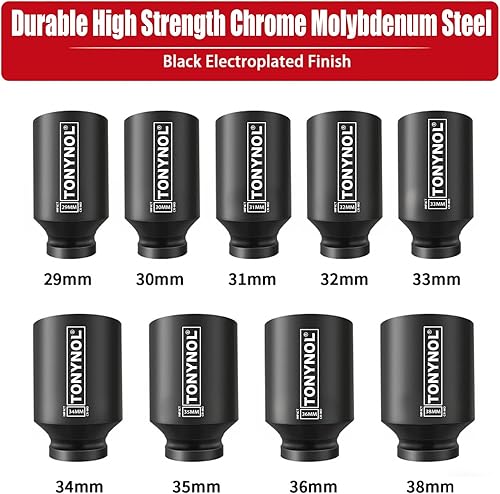 Miniatura 2 de Juego de llaves de impacto profundo de 12 pulgada, 5 piezas, 6 puntos, tamaño métrico (1.181 in a 1.417 in), acero Cr-Mo, juego de enchufes de