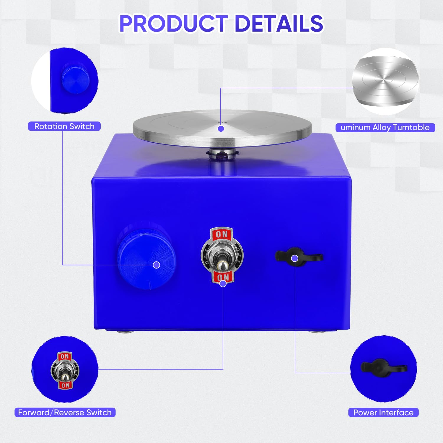 Mini torno de alfarería 6,5 cm 10 cm 30 W 0-300 rpm torno de alfarería eléctrico con pedal extraíble (azul)
