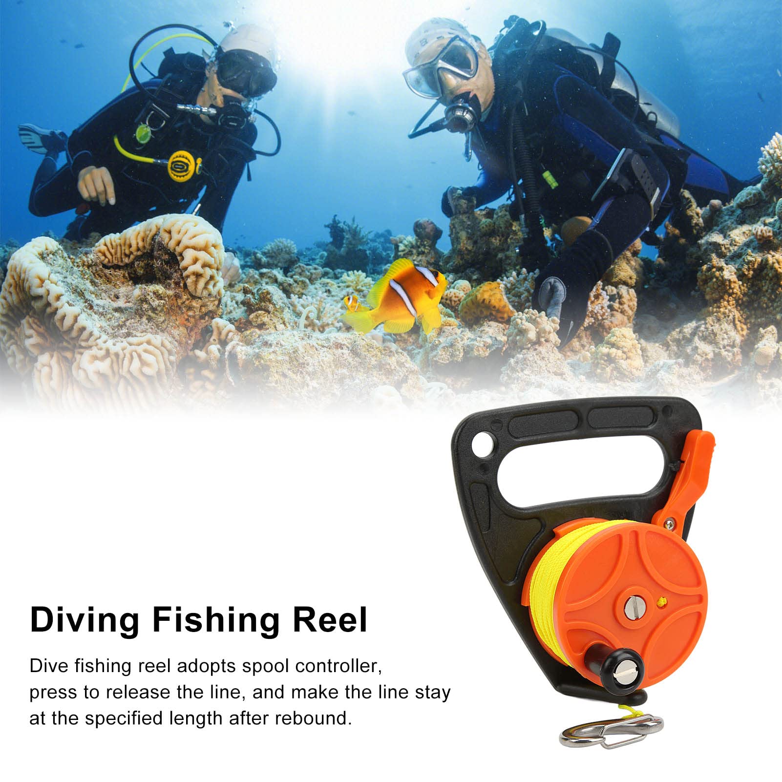 BuyWeek Tauchrolle mit 46m Schnur, Tauchschnurrolle mit Daumenstopper, Tauchrolle Spule Angelrolle für Schnorcheln Unterwasser Wassersport(Orange)