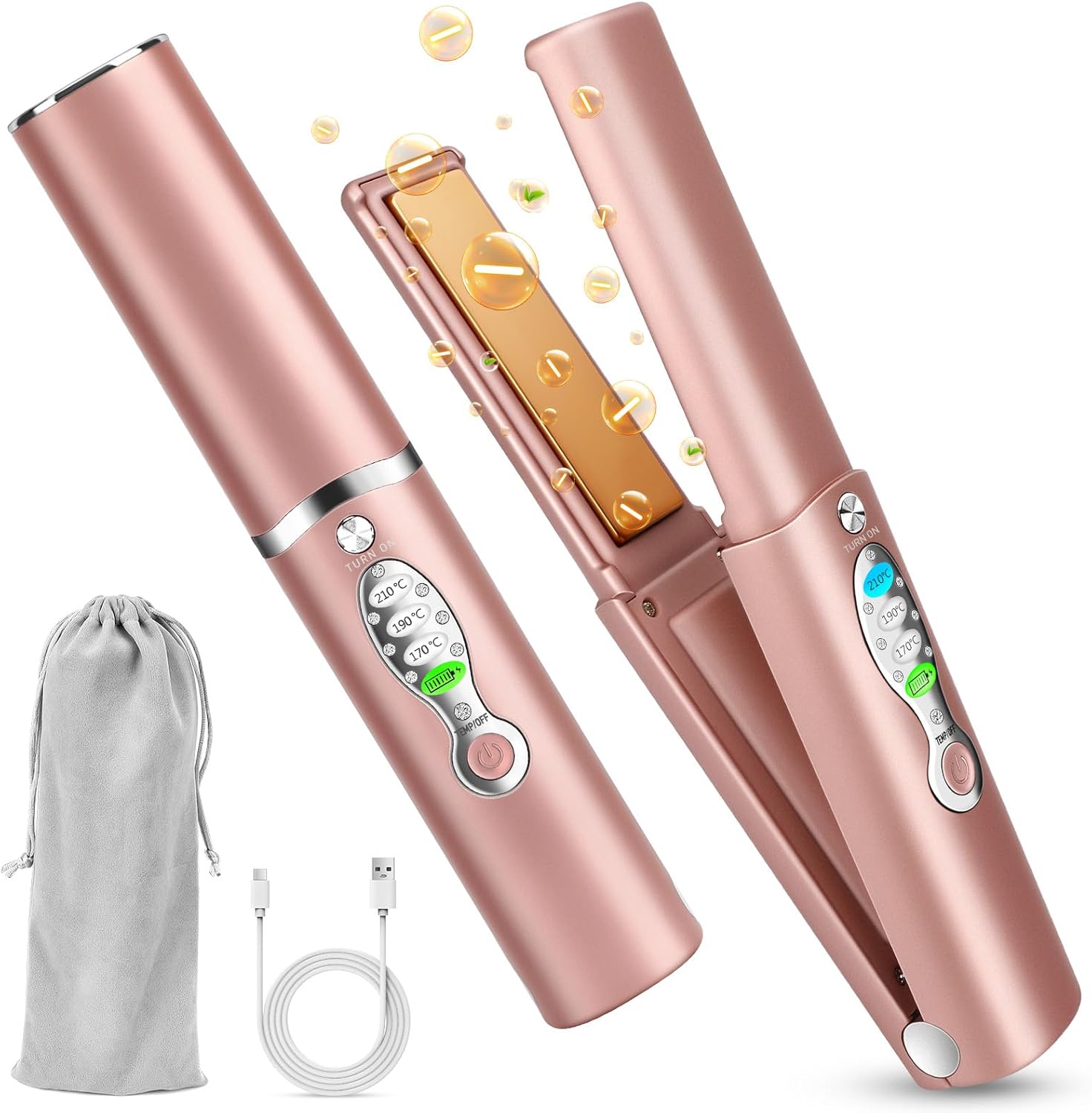 Draagbare stijltang, verwarmt in enkele seconden tot titanium, draadloze reis-stijltang, 2-in-1 voor het gladmaken en krullen, dual voltage 5000 mAh-batterij voor kleine reparaties