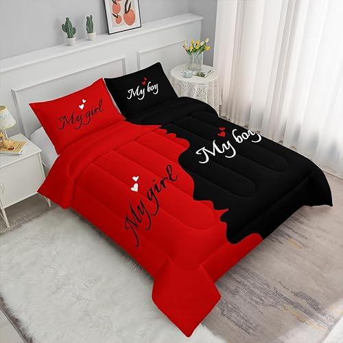 Miniatura 2 de Axolotl Juego de edredón negro y rojo, tamaño Queen, para él y ella, juego de edredón de Mr Mrs para adultos, parejas, hombres y mujeres, juego de