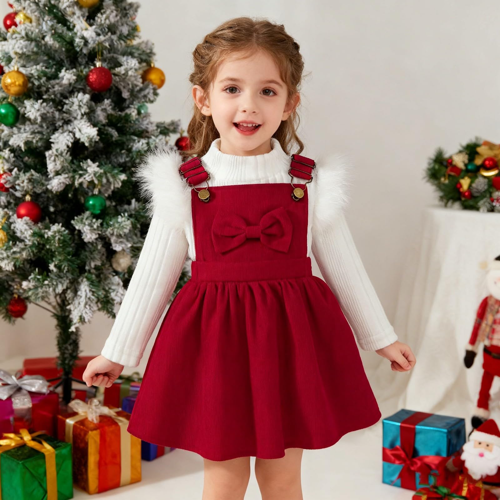 Generisch Winterliches Mädchen-Outfit mit langärmeligem Trägertop Schleifenkleid für Kleinkinder Festliche Zweiteiler-Sets für Feiertage Partys