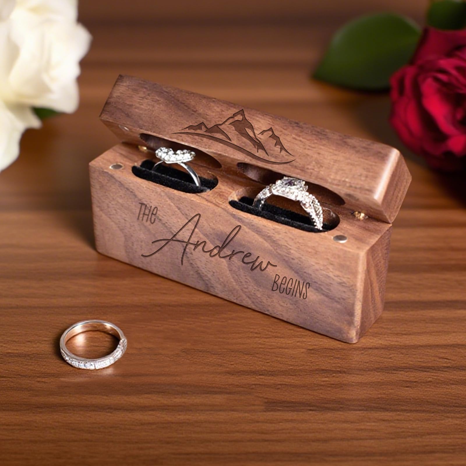 Boîte à Alliances En Bois Personnalisée, Boîte à Bague De Fiançailles, intérieur en velours,Boîte De Rangement En Noyer, cadeau de fiançailles, cadeau d'anniversaire.