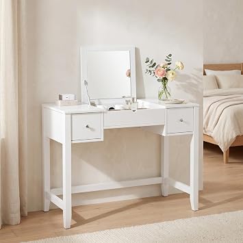 Hives and Honey Harley Vanity Desk Large Mirror, Storage Drawers, Compact Makeup Table or Workstation, Transitional Style, White Finish