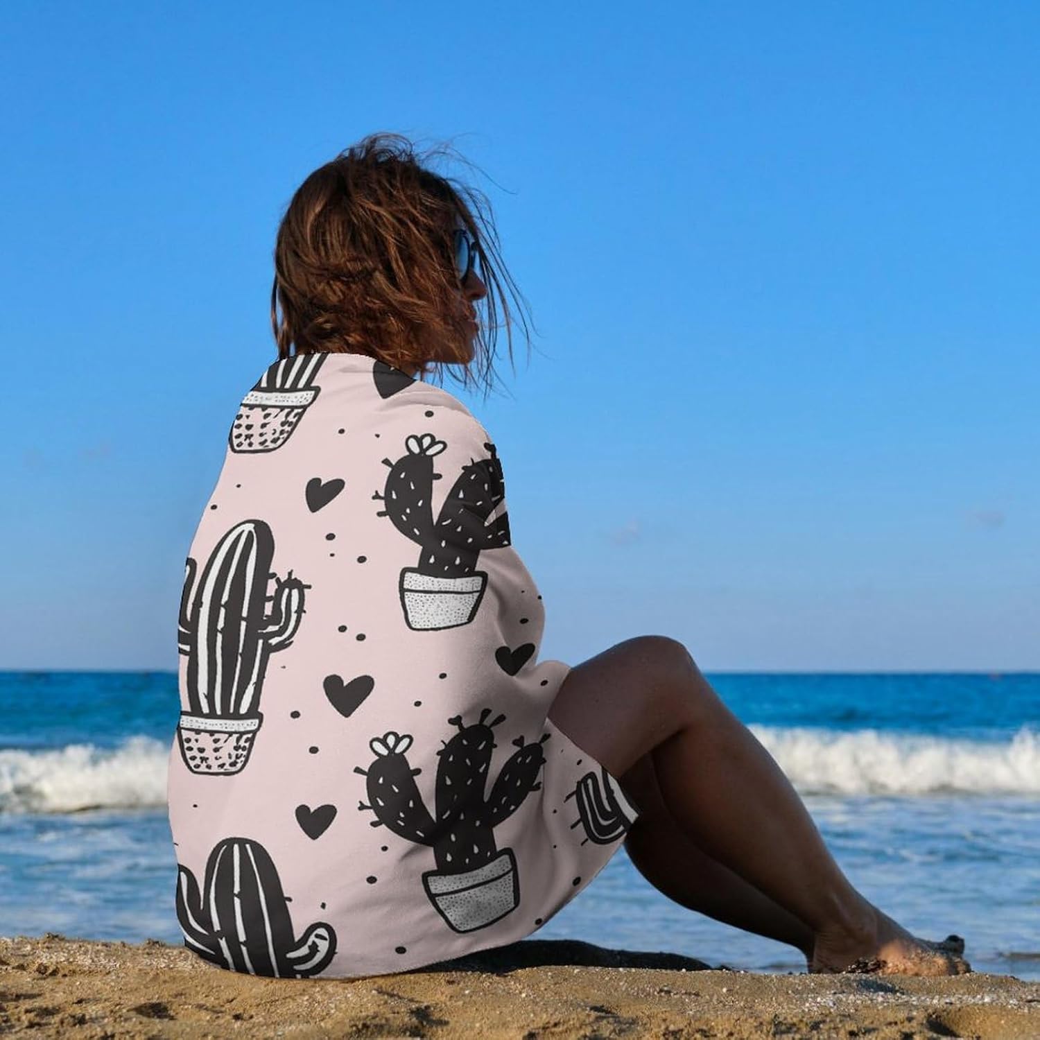 Swimming Towel, Peach Cactus Pattern Printed Fashion Towel,Portable Towel,Durable Towel