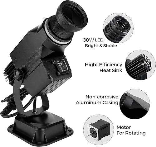 Miniatura 13 de HILITING - Proyector LED GOBO de 30 W, proyector de logotipo publicitario de 2400 lúmenes, incluye GOBO de vidrio personalizado, logotipo Blanco