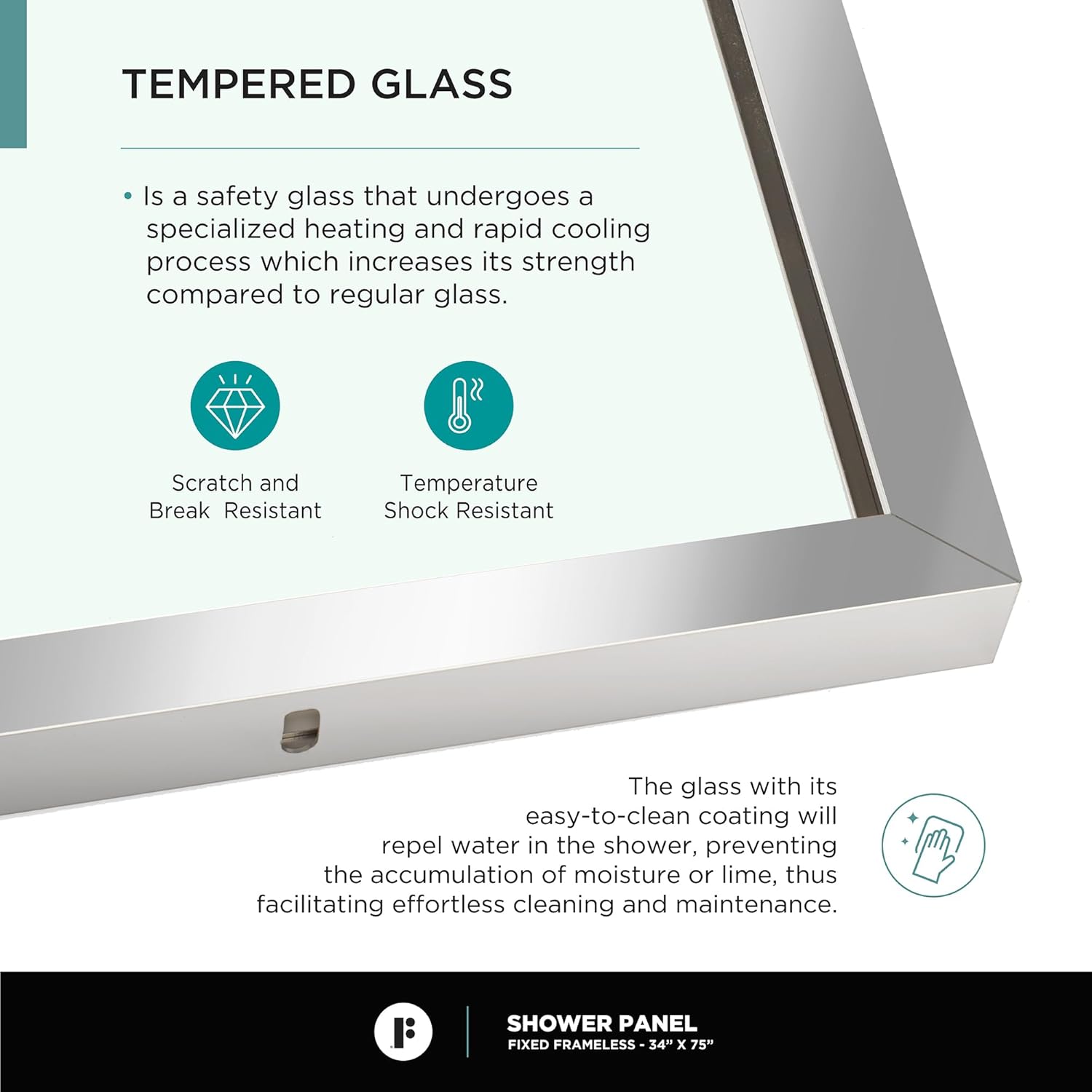 Fine Fixtures Single Fixed Clear Tempered Frameless Shower Glass Door - Wall Panel Screen, Hardware Complete Kit 34" W X 74" H Polished Chrome Finish