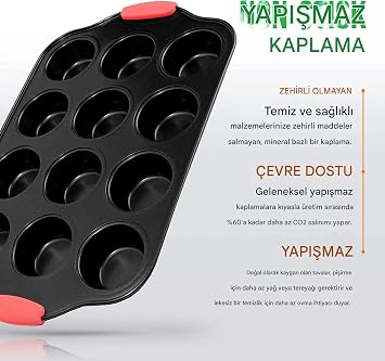 MallArt® 12 Bölmeli Muffin ve Cupcake Kalıbı - Yapışmaz Karbon Çelik Fırın Kabı, Isıya Dayanıklı Kırmızı Silikon Saplı, BPA İçermeyen Sağlıklı Pişirme Kalıbı