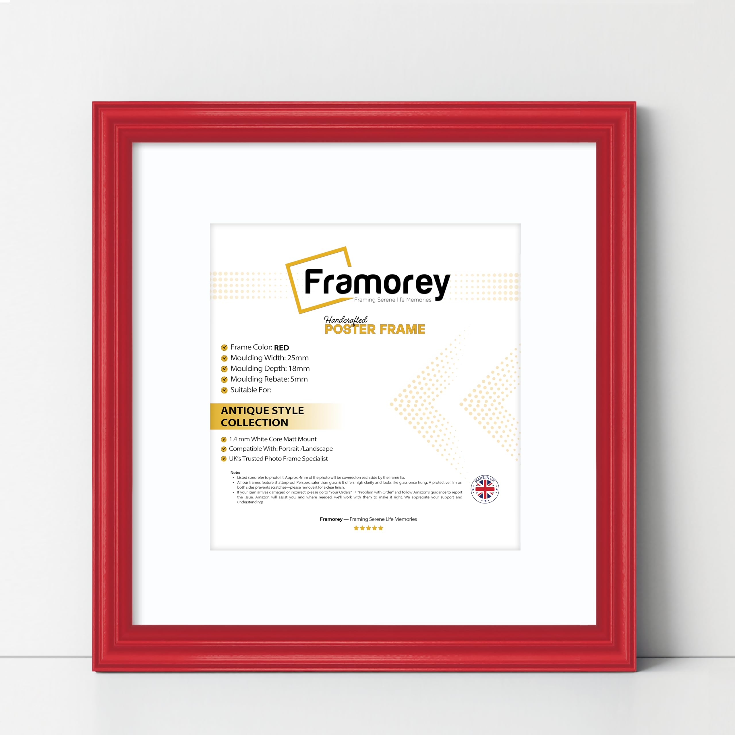 FRAMOREY Square Photo Frame, 13x13" Red Picture Frame With 11x11" White Mount, LW Antique Style Home Wall Decor, Hanging Art Poster Frame, MDF Wood