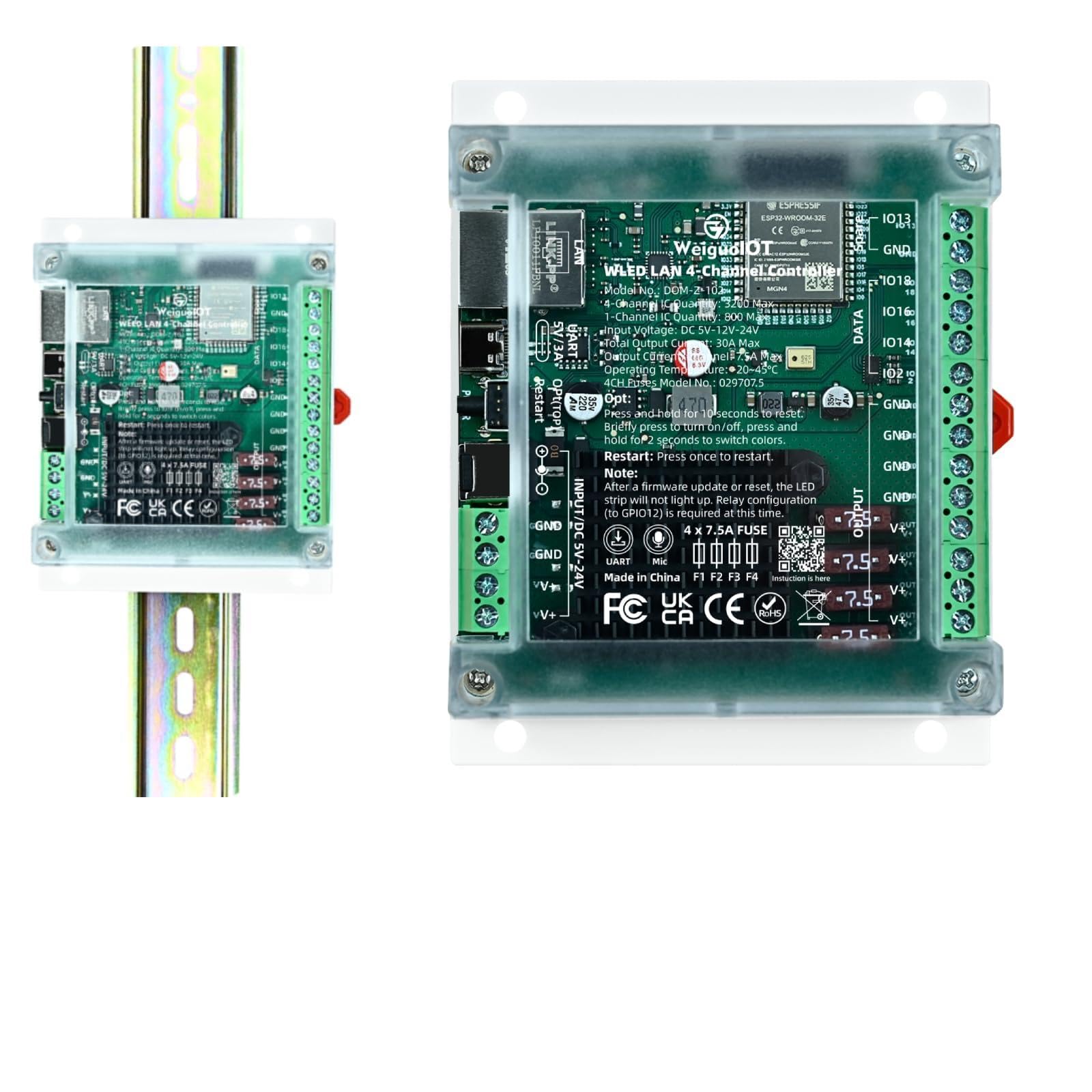 WeiguoIOT ESP32 WLED Controller 4-Channel, 30A Max 4x7.5A Independent Fuses, DIN Rail Mount, Ethernet WiFi Controller, Built-in MIC Music Sync, Support WS2811 WS2812B WS2815 RGBIC LED Strip