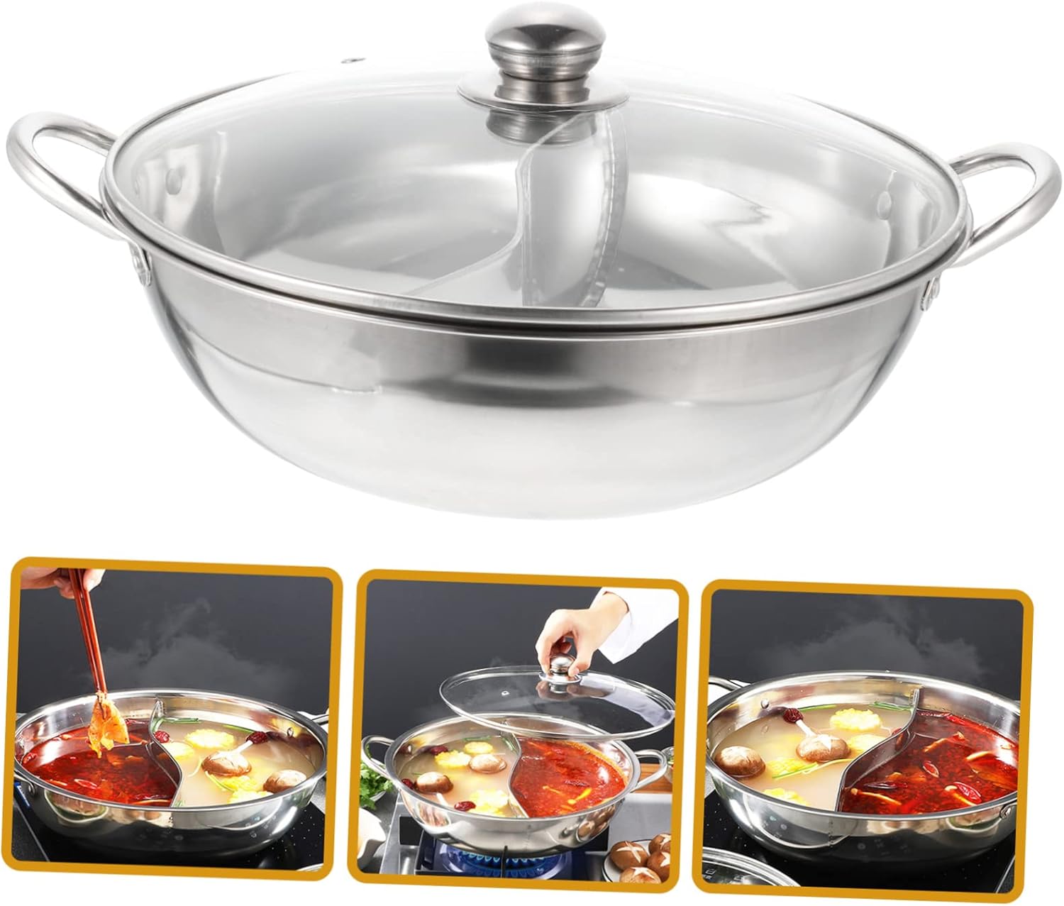 1set Cooking Pot Hot Pot Divider Stainless Steel Reusable Smooth Interior Strong Handle