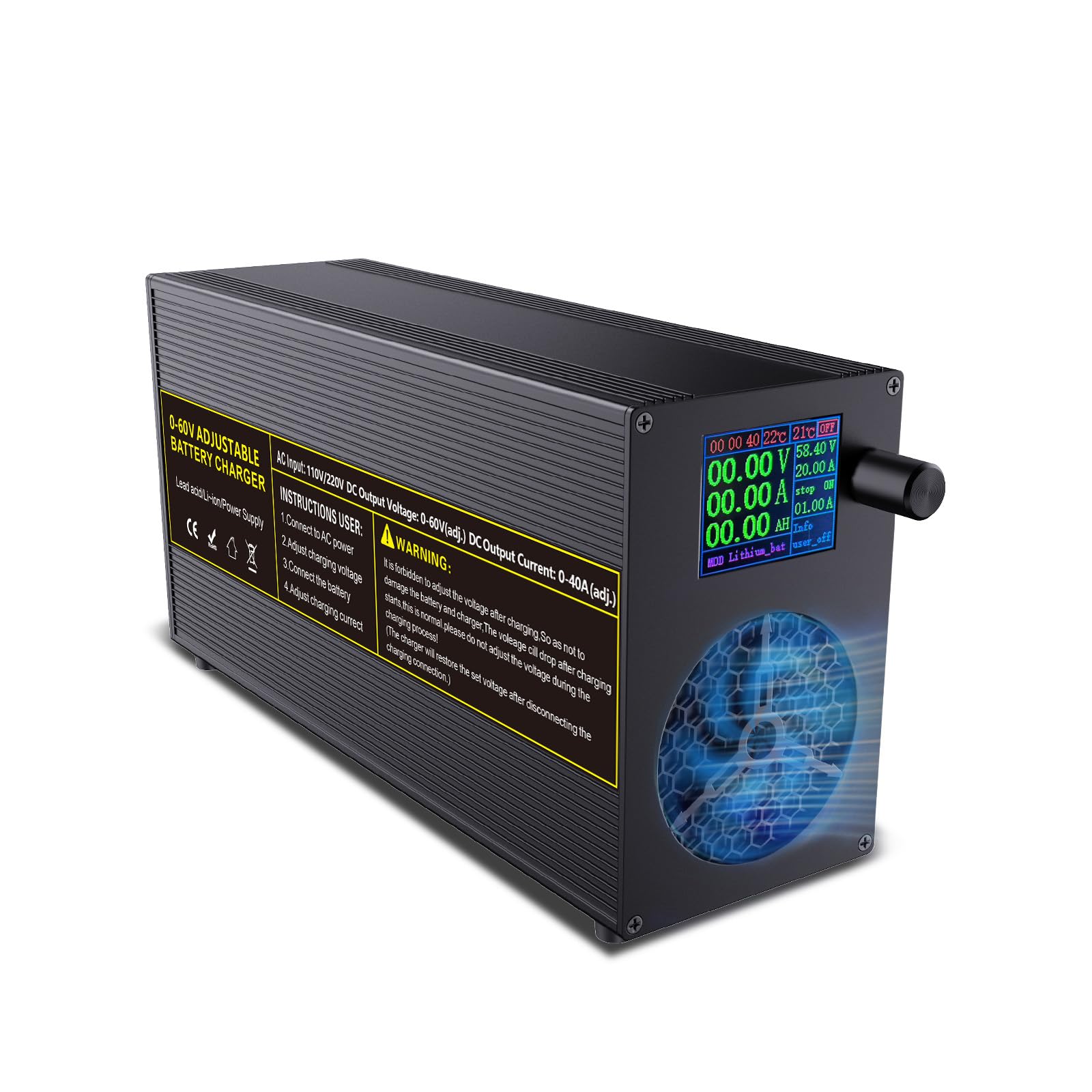 Cargador Universal Inteligente Ajustable de 60 V / 40 A para baterías de 12 V / 24 V / 36 V / 48 V LiFePO₄, Litio y Plomo-ácido, con Pantalla multifunción, Conector Anderson y Pinzas de cocodrilo