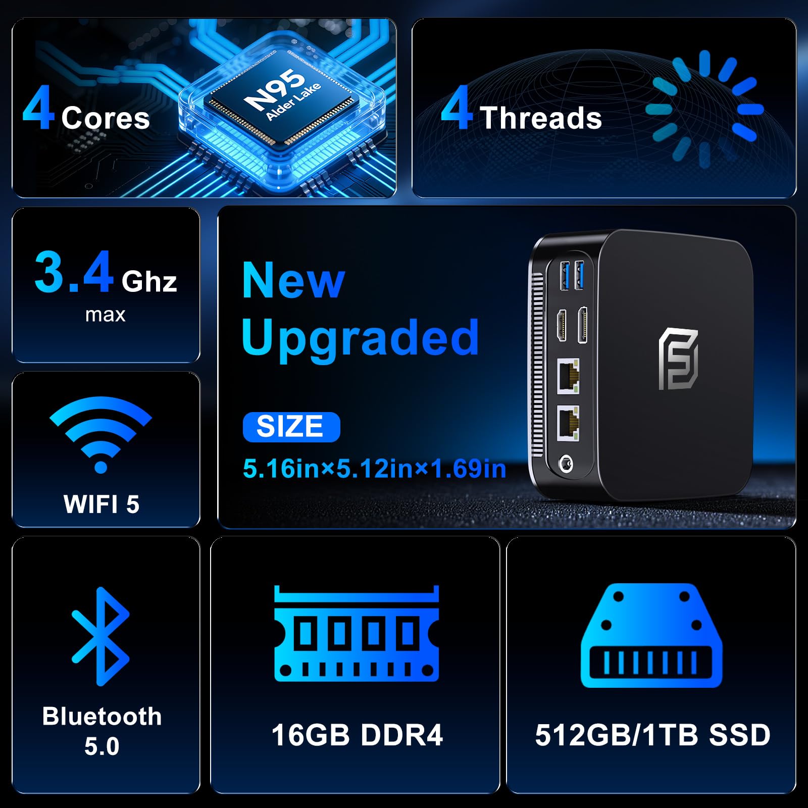 FUNYET Mini PC Win 11 Pro Laptop, Alder Lake N95(fino a 3.4Ghz, 15W) 16GB DDR4 RAM 512GB SSD, Desktop Computer 4K, DP+HDMI/WiFi/BT5.0/RJ45/USB3.2 Laptop, Nero