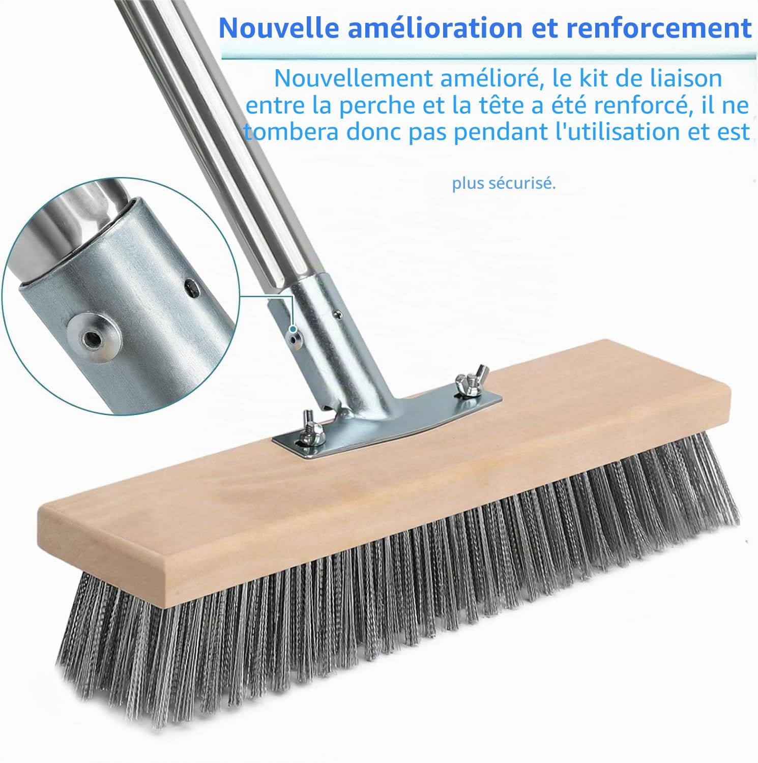 Lot de 2 balais métalliques avec manche - 160 cm - Pour désherbeur de mousse - En acier - 2 têtes de brosse en fil métallique avec grattoir - Robuste - 30 cm - Pour mousse, jardin, terrasse, terrasse