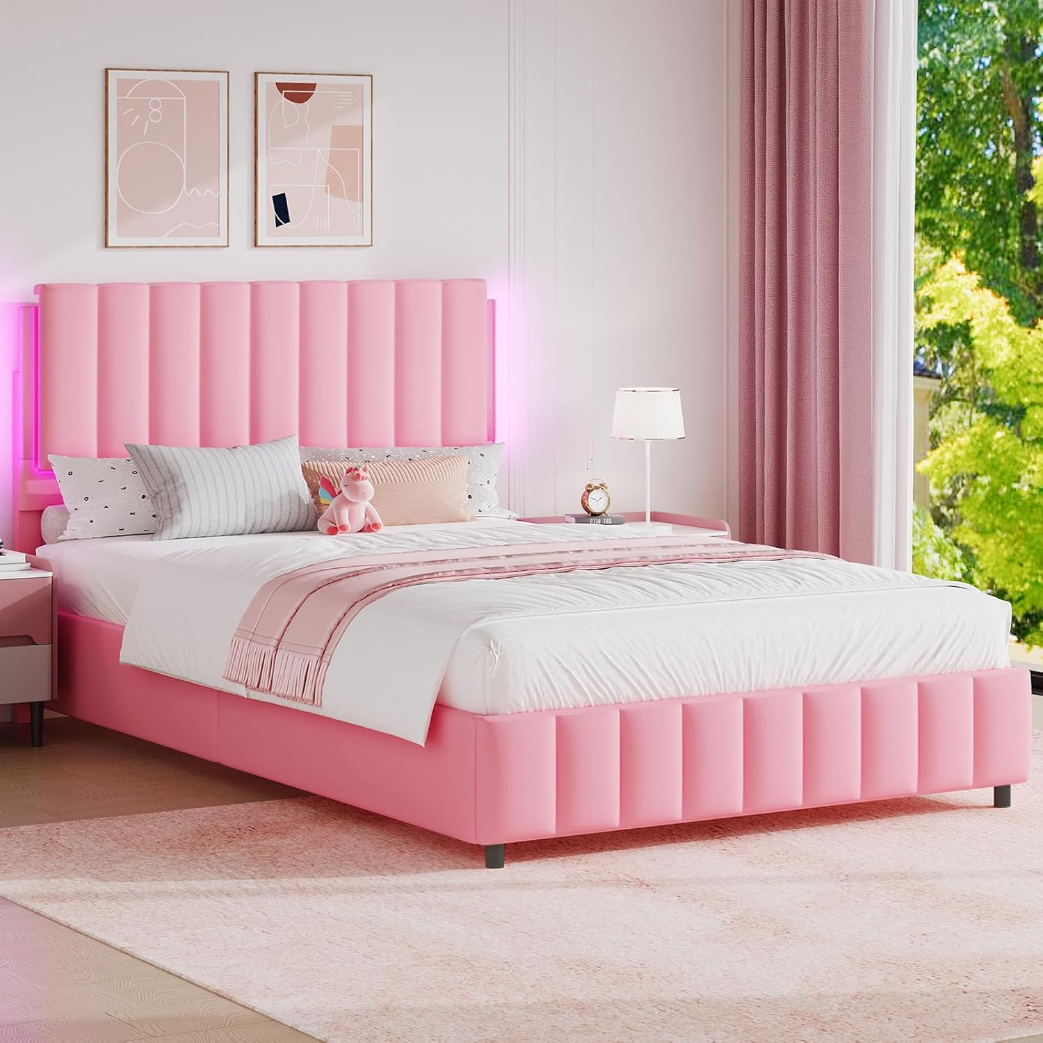 REVOMINCA Queen Bed Frame with Headboard and LED Lights, Modern Upholstered Faux Leather Platform Bed with Wooden Slats Support, No Box Spring Needed, Easy Assembly, Cream