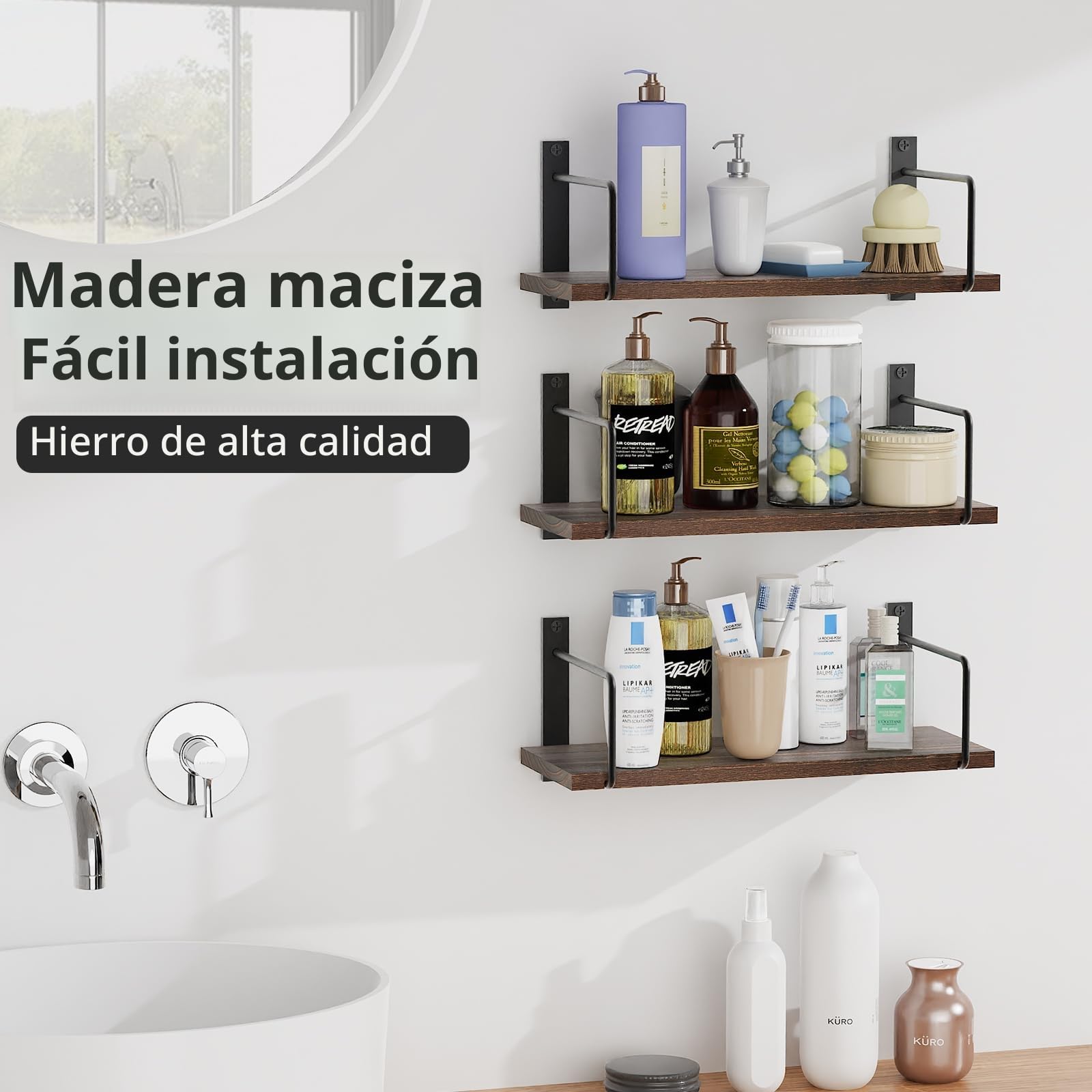 TRAYINDALY Estanteria Pared Madera Juego de 3, Baldas Flotantes Pared Rústicos y Decorativas Ideal para Dormitorio, Baño,Cocina, Oficina, Sala (Marrón)