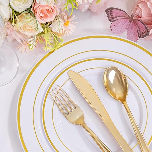 Miniatura 3 de supernal Juego de vajilla de plástico dorado de 60 piezas, incluye platos de plástico dorados y cubiertos desechables, platos desechables de fiesta