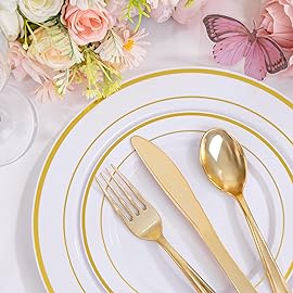 Supernal 60pcs Gold Plastic Dinnerware Set Includes Gold Plastic Plates and Disposable Silverware,Disposable Party Plates and Flatware Service for 12 Guests,Perfect for Birthday,Party,Wedding