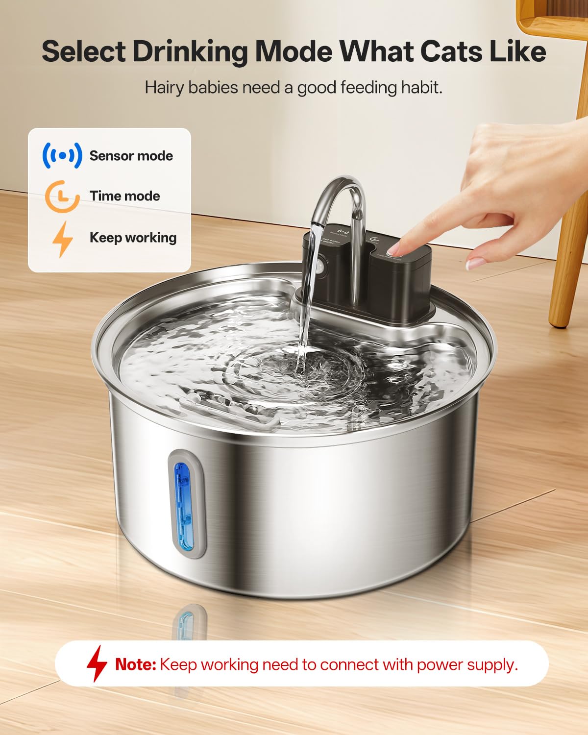 Fuente Para Gatos Inalámbrica Con Sensor De Movimiento Y Batería De 45 Días, Acero Inoxidable, 3.2 Litros, Incluye Filtro