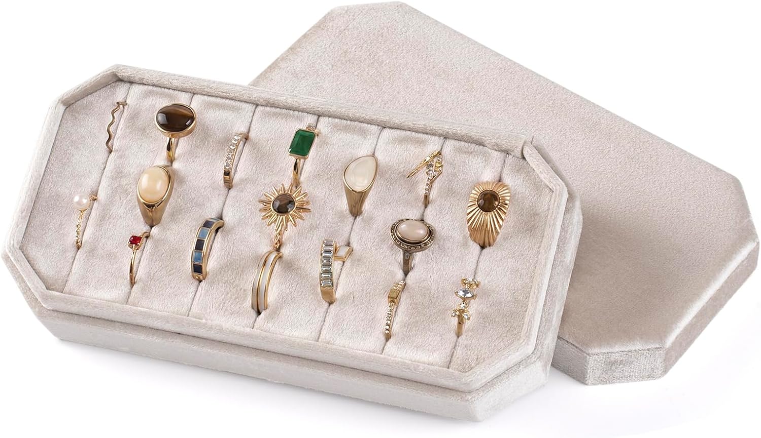 Velvet Ring Organizer Box, Hold 21 Rings Storage Case and Display Tray for Multiple Rings with Removable Lid, for Drawer, Vendors, Vanities, Gift for Women- Champagne Beige