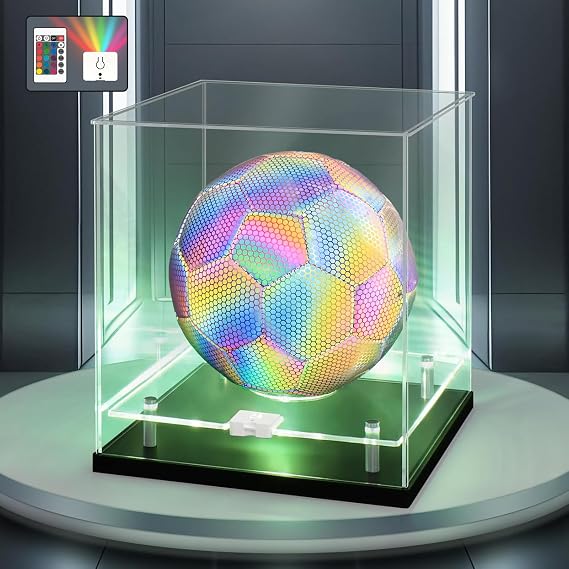 Football Display Case with LED Light, Clear Acrylic Double Tier Showcase for Autographed Soccer Ball, Basketball, World Cup Sports Collectibles