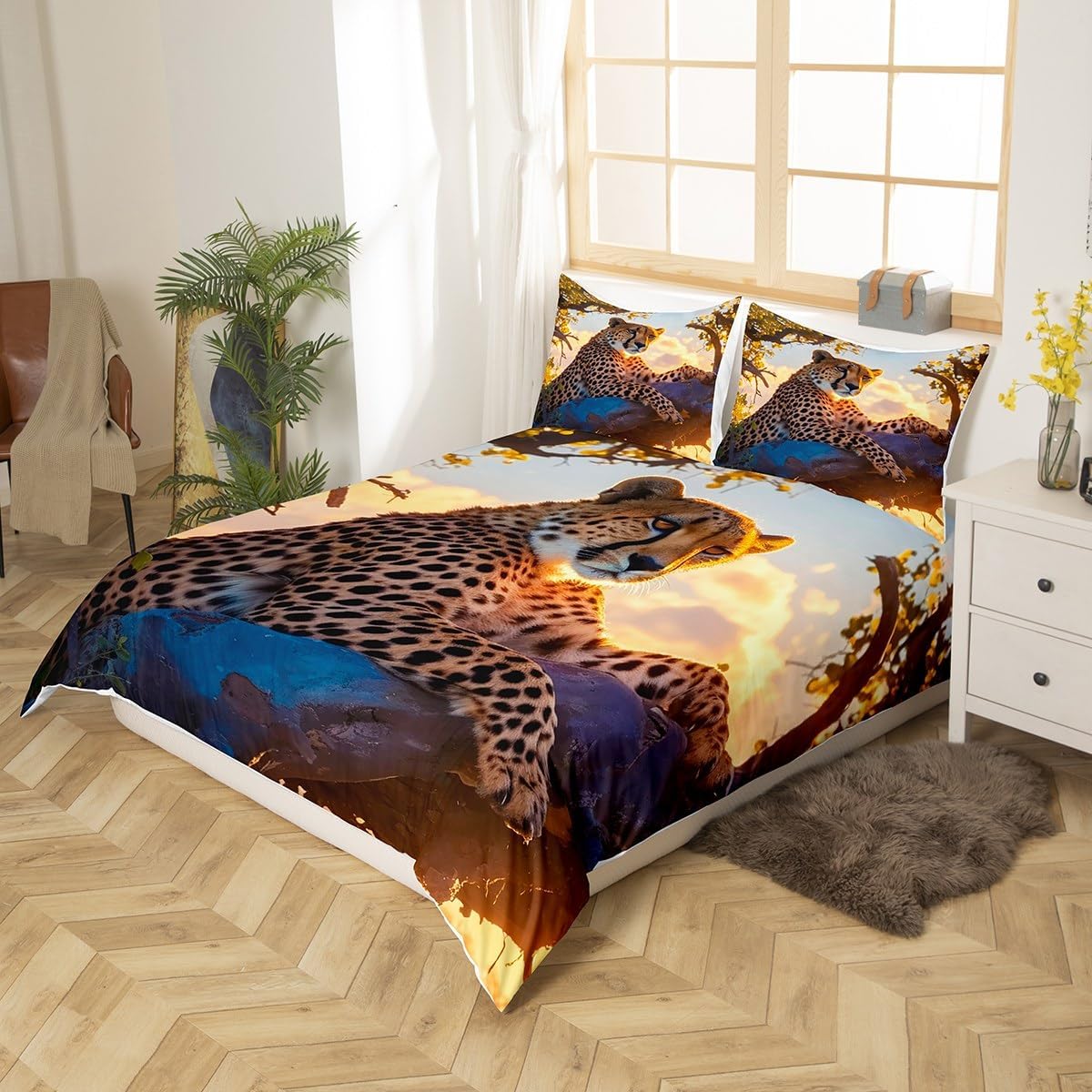 Feelyou Leopard Bedding Set King Size, Leopard Print Duvet Cover Kids Cheetah Leopard Comforter Cover Leopard Animal Bedspread Cover Breathable Bedding Collection 3Pcs(No Comforter)