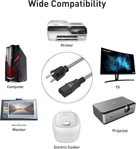 Vista 12 de Goalfish - Cable de alimentación de 10 A 18 AWG, cable de alimentación de 10 pies (9.8 ft) de nailon trenzado de 3 clavijas, cable de alimentación