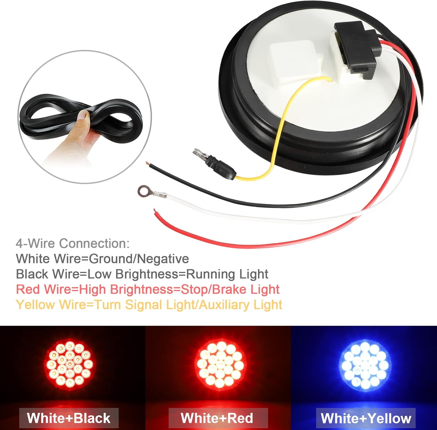 Partsam 2Pcs 4 Inch Dual Revolution Round Red Stop Turn Tail Lights to Blue Auxiliary Lights 19 Diodes w/Rubber Grommet 3-Prong Wire Pigtails Red/Blue 4" Round Led Trailer Tail Lights 12V Clear Lens