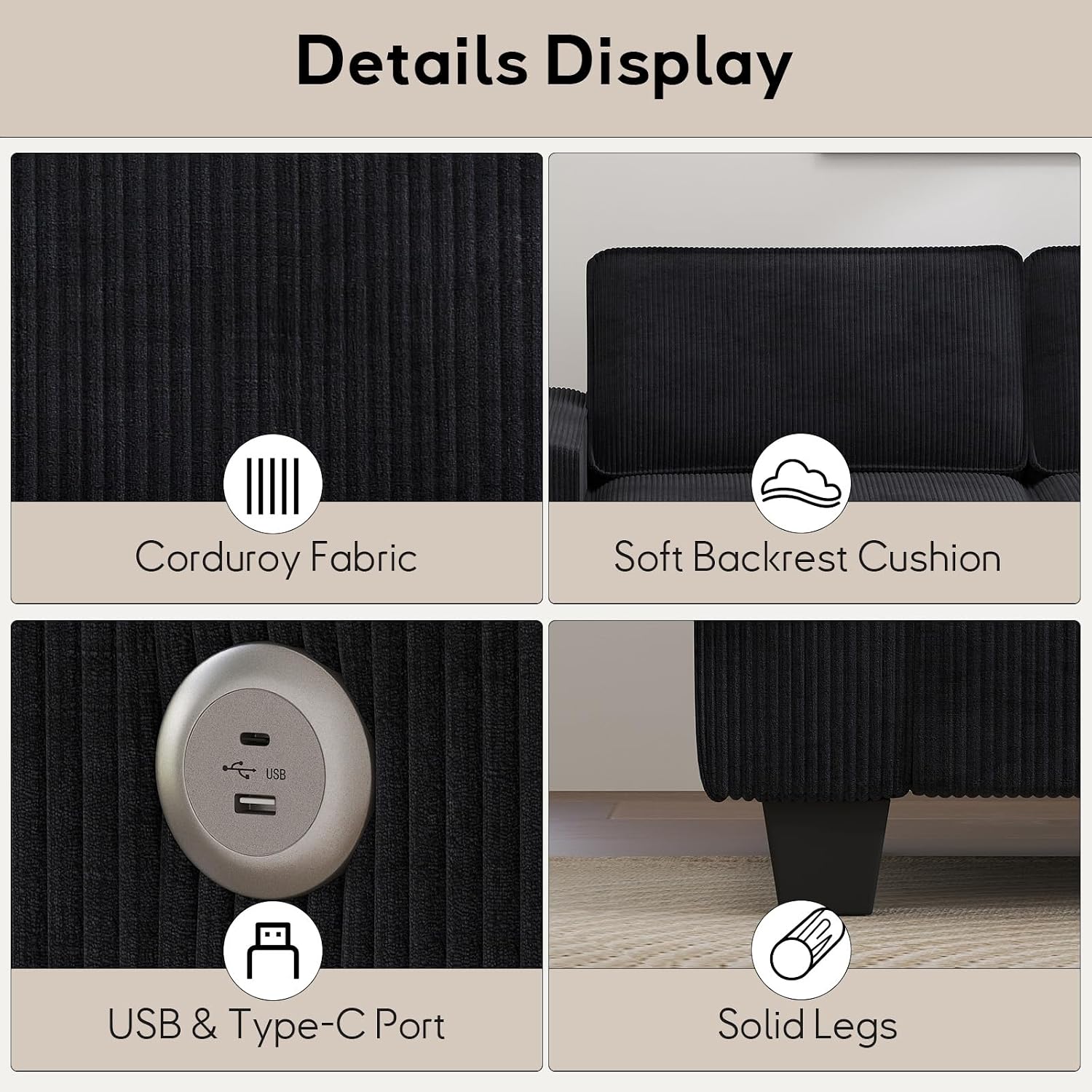 Bonzy Home 2 Pieces Couch Set, 3-Seater Couch and Loveseat Sets, Modern Corduroy Sofa with Thickened Cushion and USB Type C Dual Charging Ports for Living Room, Black