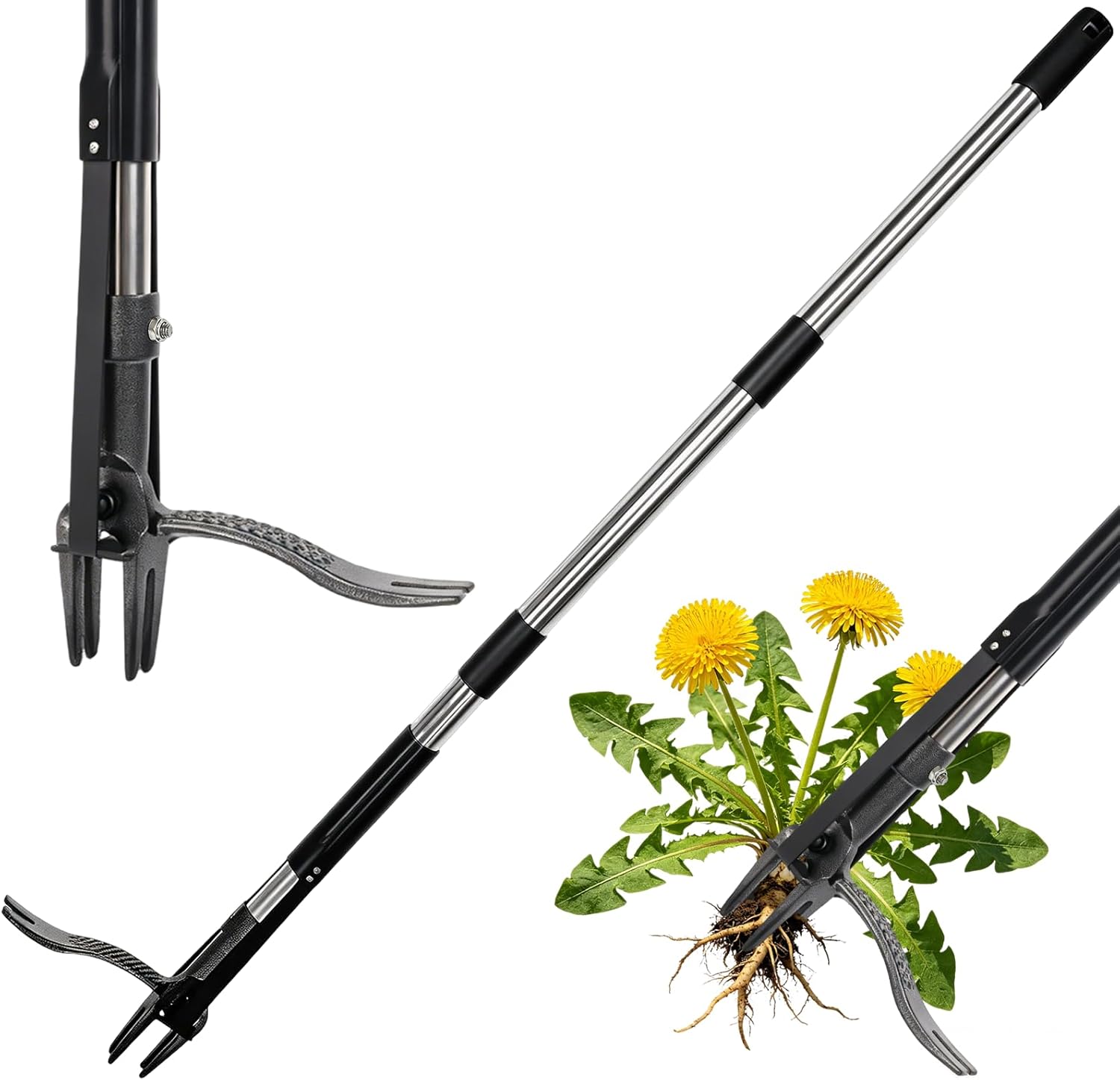 Stand Up Weed Puller Tool Heavy Duty Garden Weeder Tool with 45'' Long Handle Weeding Tool & 4-Claw Steel Head Remover Tool,Garden Weed Pulling Tool,Without Bending Design