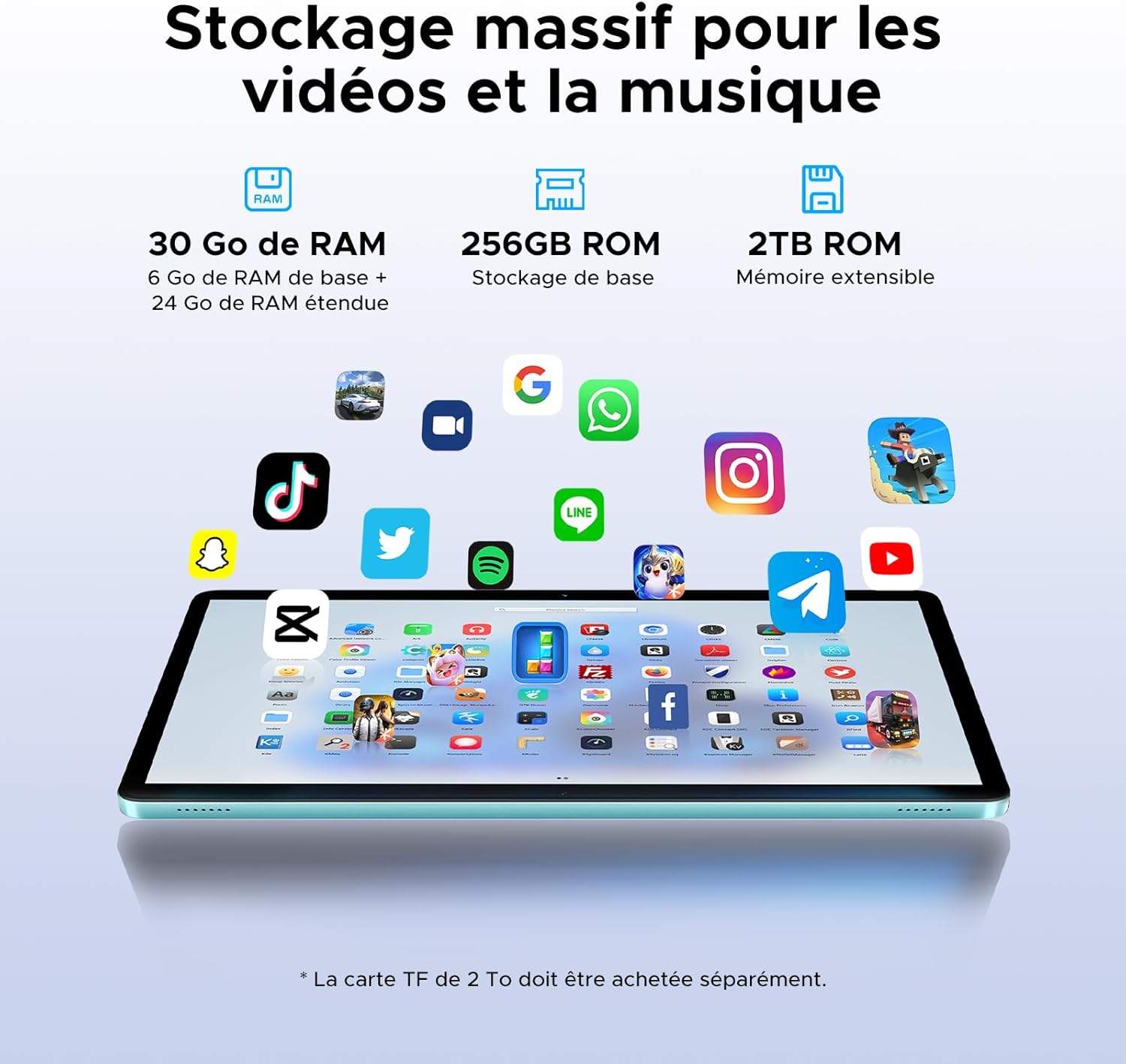 Tablet screen displaying various app icons, with text indicating 30GB RAM, 256GB ROM, and 2TB expandable storage.