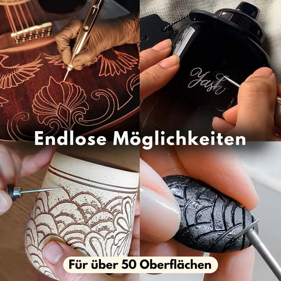 Creative Pen Gravurstift für DIY & Kunstprojekte, 30 Gravierköpfe, geeignet für 50+ Oberflächen, wiederaufladbar, ergonomisch und kabellos.